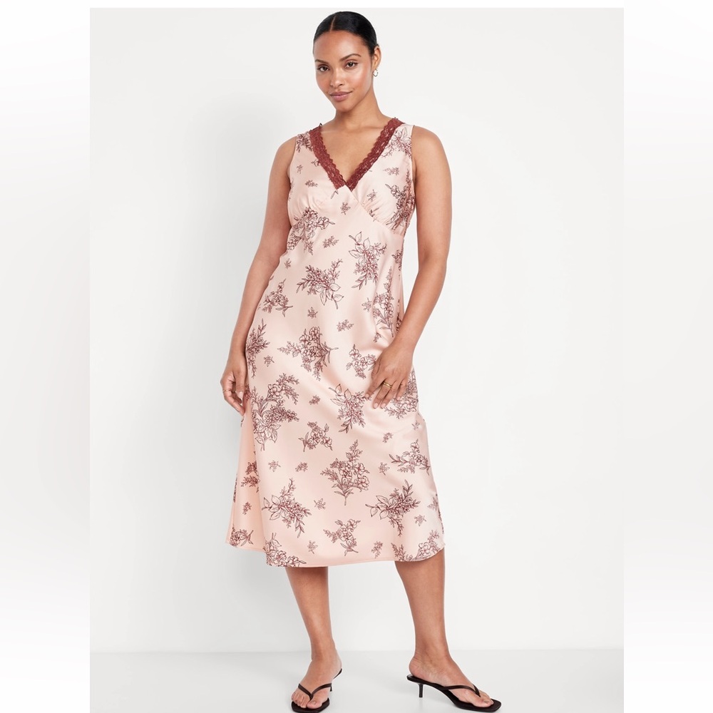 🏖️10 items for $20☀️ Old Navy V neck Floral Lace Trim Midi Dress - Picture 2 of 8